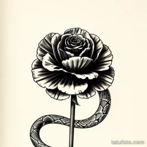 Фото тату розы, обвитой змеей. Рисунок выполнен в технике blackwork с высокой детализацией чешуи змеи и лепестков розы.