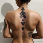 close up of a beautiful woman s back with a large geometric tattoo tatufoto.com 058