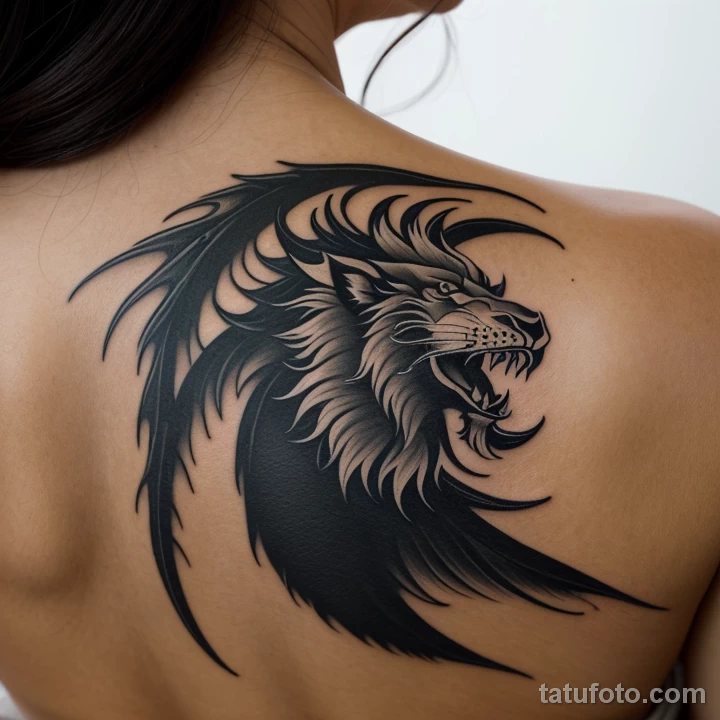 close-up of a black ink dragon tattoo on a woman’s back tattoo lion, on neck sexy girl, photorealistic, tatufoto.com 266