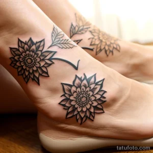 Фото тату: три черных георгина с детально проработанными лепестками на лодыжках. Изящный рисунок татуировки в стиле графика.