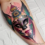 colorful venetian mask tattoo with bright pastel colors and floral acc S2430381935 St40 G12 tatufoto.com 011