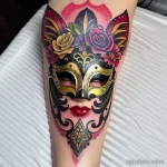 colorful venetian mask tattoo with floral accents and vibrant shades S2430381934 St40 G12 tatufoto.com 013
