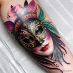 colorful venetian mask tattoo with floral accents and vibrant shades S2430381935 St40 G12 tatufoto.com 014