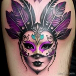 colorful venetian mask tattoo with purple and turquoise feathers S2430381932 St40 G12 tatufoto.com 024