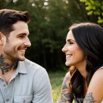 couple with wrist tattoos, smiling at each other outdoors tatufoto.com 276