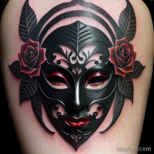 dark venetian mask tattoo in gothic style with black and red roses S2430381932 St40 G12 tatufoto.com 029