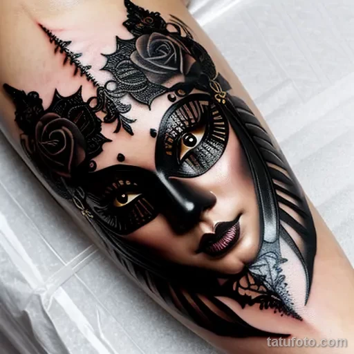 dark venetian mask tattoo with black roses and intricate lace details S2430381935 St40 G12 tatufoto.com 036