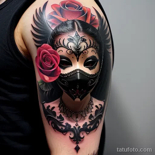 dark venetian mask tattoo with red roses and gothic elements S2430381933 St40 G12 tatufoto.com 040