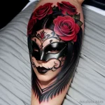 dark venetian mask tattoo with red roses and gothic elements S2430381934 St40 G12 tatufoto.com 042