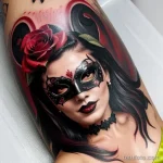 dark venetian mask tattoo with red roses and gothic elements S2430381935 St40 G12 tatufoto.com 044