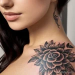 delicate floral tattoo on a woman’s shoulder, black ink, close-up tattoo lion, on neck sexy girl, photorealistic, tatufoto.com 262