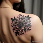 delicate floral tattoo on a woman’s shoulder, black ink, close-up tatufoto.com 272