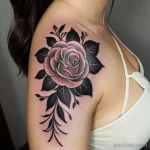 delicate floral tattoo on a woman’s shoulder, black ink, close-up, tatufoto.com 288