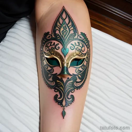 delicate venetian mask tattoo in gold and teal with ornamental pattern S2430381934 St40 G12 tatufoto.com 049