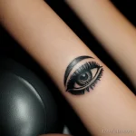 detailed eye tattoo on a woman’s hand, black ink, close-up, tatufoto.com 315