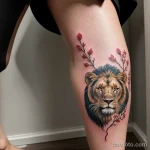 elegant woman with a cherry blossom tattoo on her thigh, symbolizing renewal, walking through a field of blooming flowers tattoo tatufoto.com 078