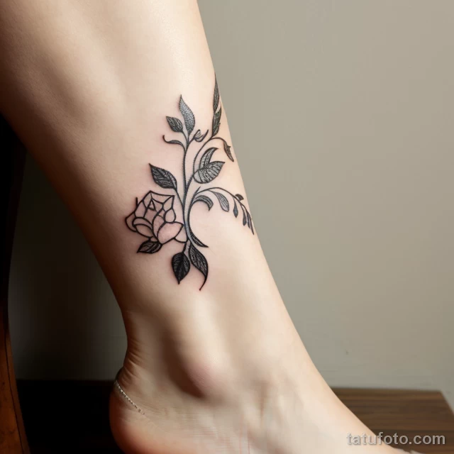 elegant woman with a vine tattoo on her ankle, symbolizing growth, walking gracefully in a flower garden tattoo lion, on neck se tatufoto.com 025