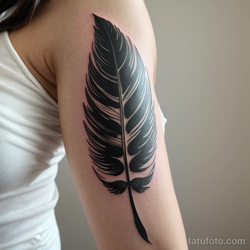 feather tattoo on a woman’s upper arm, black ink, close-up, tatufoto.com 301