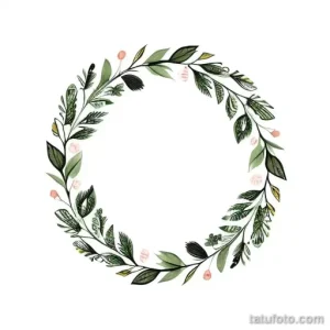Эскиз тату в виде круглого венка, выполненного в технике акварель, с использованием нежных зеленых и розовых оттенков.