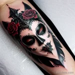 gothic venetian mask tattoo with deep black ink and crimson accents S2430381935 St40 G12 tatufoto.com 066