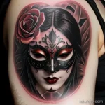 gothic venetian mask tattoo with deep red roses and dark shading S2430381932 St40 G12 tatufoto.com 068