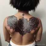 intricate linework tattoo on a woman’s back, black ink, detailed, tatufoto.com 320