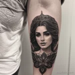 intricate tattoo on a woman’s forearm, black ink, high detail tatufoto.com 270