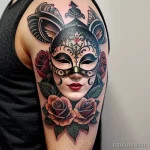 intricate venetian mask tattoo in neo traditional style with roses S2430381933 St40 G12 tatufoto.com 071
