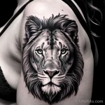 lion tattoo on a woman’s shoulder, black and white, close-up, tatufoto.com 322
