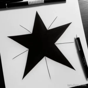 Черно-белое фото эскиза татуировки в виде звезды с закрашенным центром и тонкими линиями, имитирующими лучи. Графичный стиль.