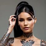 Фотография девушки с множеством татуировок на шее, груди и руках, включая изображение птицы, геометрические узоры и другие детали.