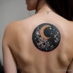 moon phase tattoo on a woman’s back, black and white, detailed, tatufoto.com 308