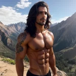 muscular man with a lion tattoo on his chest, symbolizing courage, standing confidently in a rugged outdoor setting tattoo lion, tatufoto.com 009