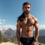 muscular man with a lion tattoo on his chest, symbolizing courage, standing confidently in a rugged outdoor setting tattoo lion, tatufoto.com 146