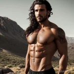 muscular man with a lion tattoo on his chest, symbolizing courage, standing confidently in a rugged outdoor setting tattoo lion, tatufoto.com 147