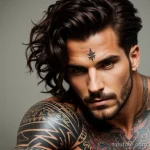 muscular man with a snake and dagger tattoo on his shoulder, symbolizing protection, looking intensely into the camera tattoo li tatufoto.com 107