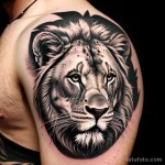 muscular man with a sword and shield tattoo on his arm, symbolizing protection, posing with a fierce expression tattoo lion, on tatufoto.com 017