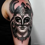 realistic venetian mask tattoo with ornate details in monochrome S2430381933 St40 G12 tatufoto.com 100