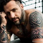 rugged man with a barbed wire tattoo on his wrist, symbolizing resilience, gripping a heavy weight tattoo lion, on neck sexy gir tatufoto.com 138