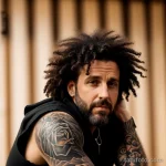 rugged man with a barbed wire tattoo on his wrist, symbolizing resilience, gripping a heavy weight tattoo lion, on neck sexy gir tatufoto.com 139