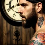 rugged man with a clock and roses tattoo on his arm, symbolizing the passage of time, looking thoughtfully into the distance tat tatufoto.com 132
