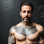rugged man with a geometric tattoo sleeve, symbolizing balance, posing against an industrial background tattoo lion, on neck sex tatufoto.com 123