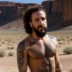 rugged man with a scorpion tattoo on his hand, symbolizing resilience, standing confidently in the desert tattoo lion, on neck s tatufoto.com 134