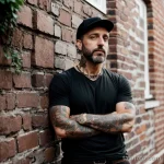 rugged man with a skull and rose tattoo on his forearm, symbolizing life and death, standing against a brick wall tattoo lion, o tatufoto.com 074