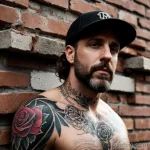 rugged man with a skull and rose tattoo on his forearm, symbolizing life and death, standing against a brick wall tattoo lion, o tatufoto.com 075