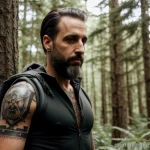 rugged man with a spider tattoo on his hand, symbolizing mystery, standing with a serious look in a forest tattoo lion, on neck tatufoto.com 187