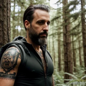 rugged man with a spider tattoo on his hand, symbolizing mystery, standing with a serious look in a forest tattoo lion, on neck tatufoto.com 187