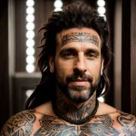 rugged man with a tribal mask tattoo on his chest, symbolizing heritage, standing powerfully with a fierce look tattoo lion, on tatufoto.com 235