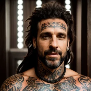 rugged man with a tribal mask tattoo on his chest, symbolizing heritage, standing powerfully with a fierce look tattoo lion, on tatufoto.com 235