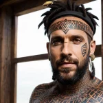 rugged man with a tribal mask tattoo on his chest, symbolizing heritage, standing powerfully with a fierce look tattoo lion, on tatufoto.com 236